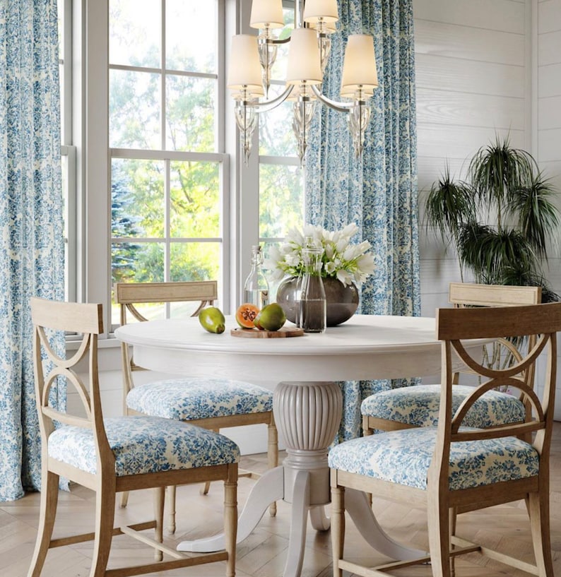 Blue White Farmhouse Curtains Linen Dining Room Curtain Panels Damask