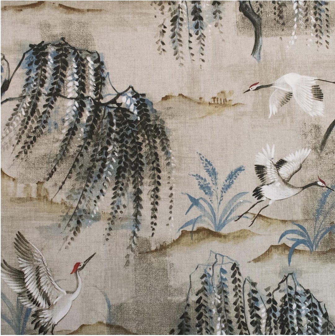2 Panneaux De Rideaux Japonais BOHEMIAN FARMHOUSE - Motif Floral & Oiseaux Bleu Cobalt & Ciel, Coton