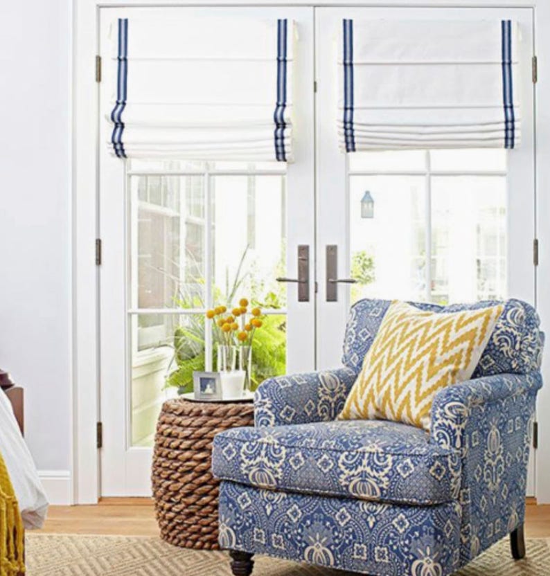 Roman Shades For French Doors Custom Roman Shade Navy Blue Stripe Colors Roman Shade Bedroom Roman Blinds Window French Ticking Shade Blue Curtains Window Treatments Home Living Ladanitrade Com