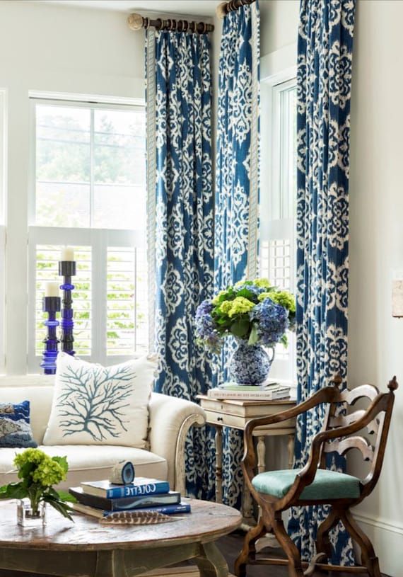 Blue Ikat Curtains Blue White Curtains Navy Drapes Curtains Etsy