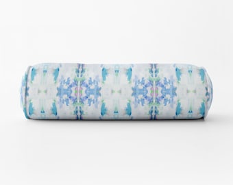 Designer painterly round bolster Cascade Blue Aqua pillow Long lumbar painterly bolster pillow turquoise kaleidoscope lumbar bed neck roll