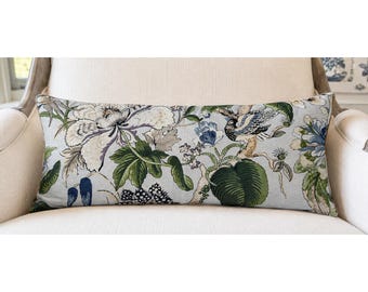 IMMEDIATE SHIP Thibaut Hill Garden Spa Blue 14x30 14x20 blue green beige white blue floral pillow cover thibaut floral vine pillow  lumbar