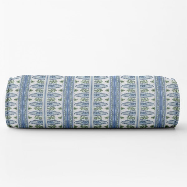 Delphinium floral stripe round bolster blue bolster pillow Long lumbar painterly bolster pillow blue green floral vine lumbar bed neck roll