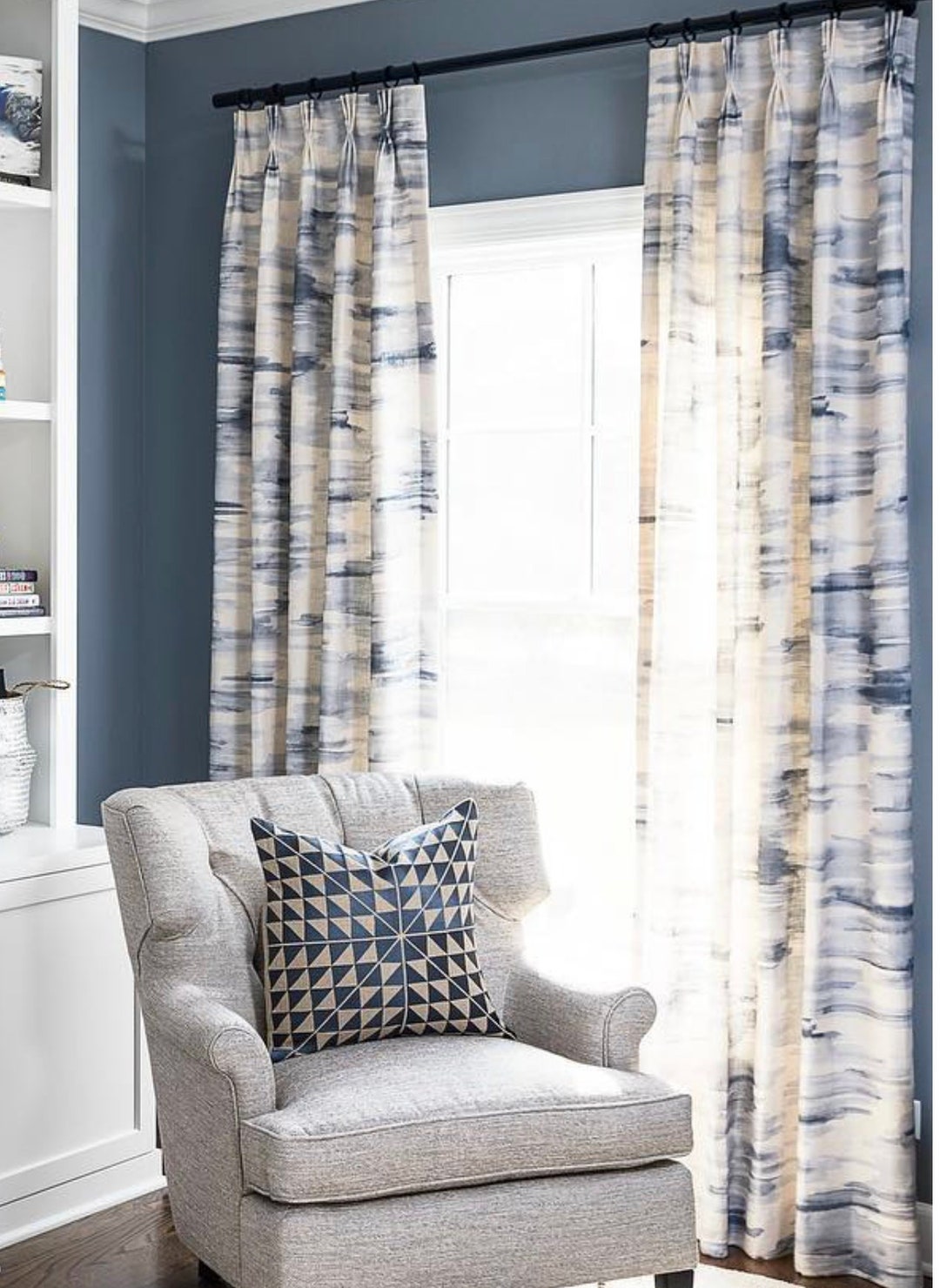 Grey dark blue and white living room deals