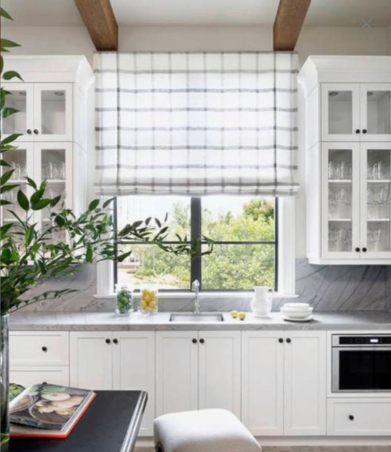 Modern Farmhouse Roman Shades Custom Fabric Quick Ship Buffalo Plaid Check Kitchen Relaxed Flat Blinds Window Linen Shade