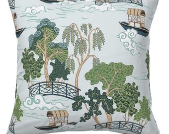 Asian River Garden pillow cover chinoiserie print tan green navy robins egg blue pillow cover lumbar green beigee blue fabric asian scenic