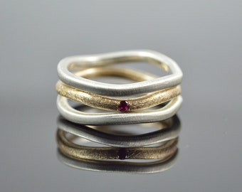Ringset "Minimalistic Trio Silver-Gold", 925 Silver, 333 Gold -Real Ruby