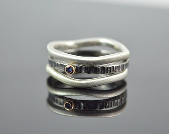 Ringset "Trio Minimalistic -Aged", 925er Silber ,585er Goldfassung -Echter Saphir