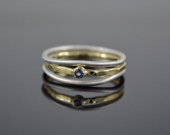 Ring set "Minimalistic Trio Silver-Gold Sapphire", 925 silver, 585 gold