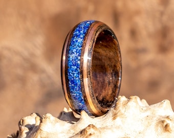 Burl de nogal con anillo de lapislázuli y bandas de cobre, anillo de madera doblada, anillo de madera curvada, anillo de lapislázuli para hombres, anillo de aniversario de madera, anillo de piedra azul