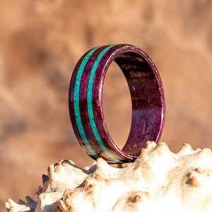 Purple Wood bent wood ring with a double Malachite inlay, mens Bent Wood Ring, womans bentwood Ring, malachite Ring, wood anniversary