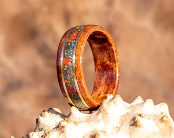 Camphur Burl bent wood ring with Red and black Opal and brass bands, wood wedding ring, womans mens ring, bentwood ring, wood anniversary