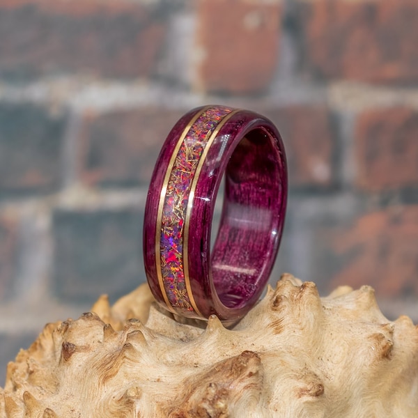 Bague en bois courbé en bois violet avec opale violette et laiton, bague en bois courbé, bague en bois pour homme, bague en bois pour femme, laiton, opale violette, bois violet