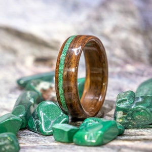 Santos Rosewood Bent Wood Ring with Offset Malachite Inlay, mens Bentwood ring, womans mens Malachite ring, wood anniversary ring, green