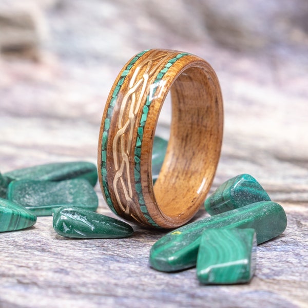 Mahogany Celtic Bent Wood Ring, Braided Brass and Malachite, Bentwood Ring, Men's celtic ring Ring, Brass, wood anniversary, Malachite ring