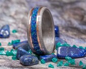 Silver dyed Eucalyptus Bent Wood Ring with a center inlay blend of Lapis Lazuli and Dioptase crystal, mens womans wood anniversary ring
