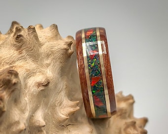 Size 10, Camphur Burl, bent wood ring, Red and black Opal inlay ring, Bentwood Ring, Wood Ring, Men's or Woman's Ring, anniversary, Brass