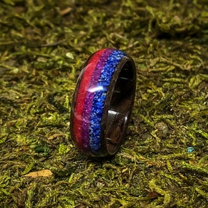 Walnut Burl Bisexual Pride Bent Wood Ring, Pride bentwood ring, Lapis lazuli, Purple Sugilite, black cherry stone, wood anniversary ring