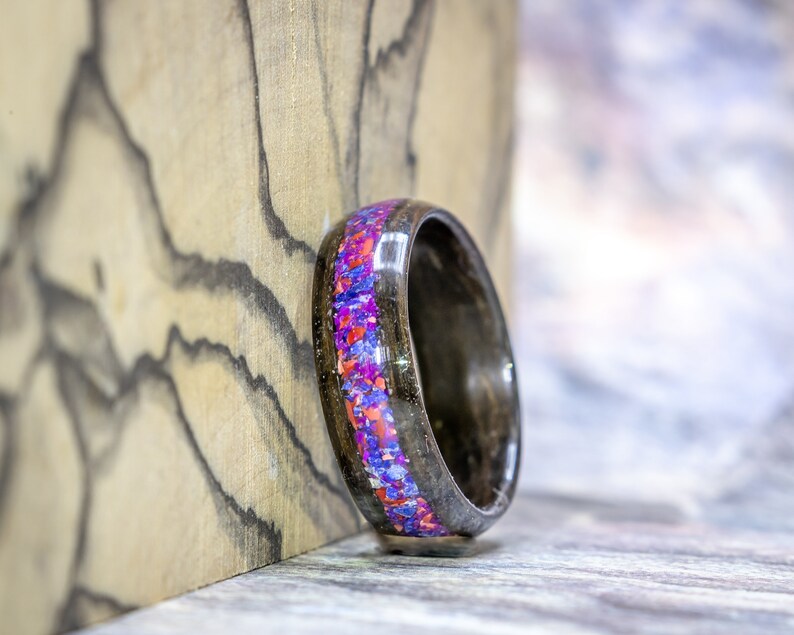 Fumed Oak Bentwood Ring With Mixed Lapis Lazuli, Red Coral and Sugilite ...