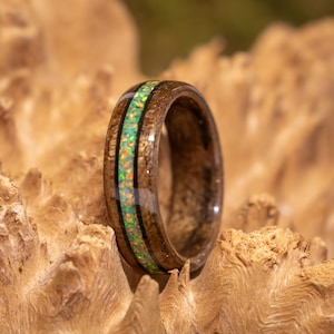 Walnut Wood bent wood ring with Green Opal inlay, Bentwood Ring, Men&#39;s Opal Ring, wood anniversary, Black Jet stone wood ring, Opal ring