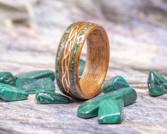Mahogany Celtic Bent Wood Ring, Braided Brass and Malachite, Bentwood Ring, Men's celtic ring Ring, Brass, wood anniversary, Malachite ring