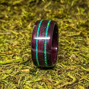 Purple Wood bent wood ring with a double Blue Opal inlay, mens Bentwood Ring, Men&#39;s or Woman&#39;s blue opal Ring, wood anniversary, handmade