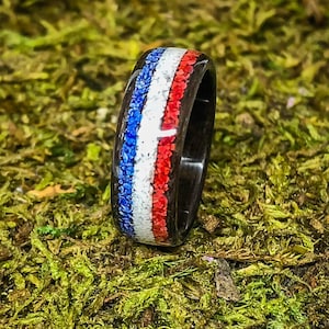 Fumed Eucalyptus Bent Wood Ring with a Patriotic inlay, Bent Wood Ring, bentwood, Men&#39;s American Flag Ring, Red, white, blue, ring, America
