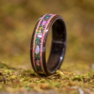 Fumed Oak Opal bent wood ring, Pink and black Opal inlay ring, womans Bentwood Ring, Woman's opal Ring, wood anniversary, Pink opal inlay