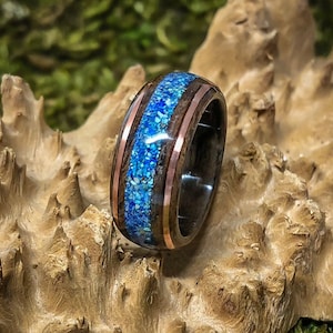 Walnut Burl Bentwood ring with twin Copper bands and Blue Bird Azurite Chrysocolla center inlay, blue Bent Wood Ring, mens azurite wood ring
