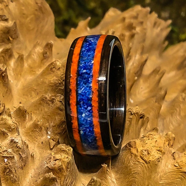 Ebony Bent Wood Glow In The Dark Ring with Lapis Lazuli and Orange Stone, mens Bentwood ring, wood anniversary ring, blue orange wood ring