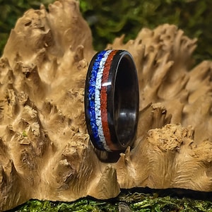 Size 7.25, 5.6mm, Fumed Eucalyptus Bent Wood Ring with a Patriotic inlay, American Flag Bent Wood Ring, Men&#39;s patriotic Ring, America