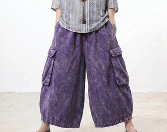 Oversize Distressed Cargo Jeans, Oversized Utility Pants, High Waisted Wide Leg Trousers, Multi Pocket Loose Denim, Comfy Elastic Waist