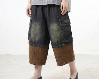 Shorts vaqueros patchwork de tallas grandes, pantalones de estilo vintage, ropa urbana holgada de corte amplio, vaqueros cómodos de verano con cintura elástica.