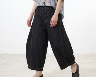 Oversized Barrel Leg Trousers, Cropped Wide Leg Pants, Raw Edge Summer Culottes, Loose Fit Casual Bow Leg Pants for Women