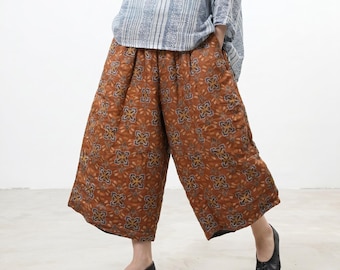 Boho Printed Ramie Pants, Oversized Elastic Waist Cropped Trousers, Breathable Wide Leg Summer Casuals, Comfy Loose Fit