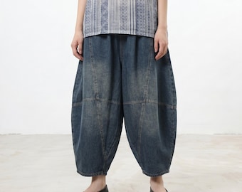 Oversized Denim Pants, Elastic Waist Cocoon Jeans, Loose Fit Cropped Trousers, Casual Comfy Wide Leg Denim