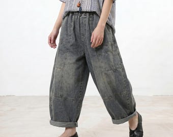 Pantalones holgados de cintura elástica, pantalones holgados con patchwork lavado, vaqueros casuales de corte suelto, ropa urbana cómoda de pierna ancha, estilo bohemio.