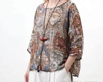 Camisa de ramio estampada de talla grande, blusa bohemia vintage extragrande, top transpirable con tacto de lino, camisa de verano holgada de cuello redondo, estilo bohemio ligero