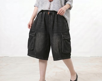 Plus Size Distressed Cargo Shorts, Oversized Utility Bermuda Pants, Loose Fit Pocket Workwear, Casual Summer Vintage Washed Shorts