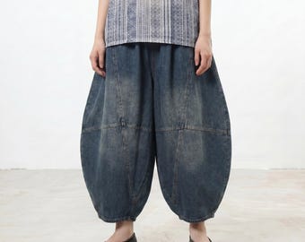Oversized Denim Pants, Elastic Waist Cocoon Jeans, Loose Fit Cropped Trousers, Casual Comfy Wide Leg Denim