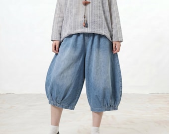 Cropped Lantern Pants, Oversized Wide Leg Trousers, Pleated Hem Casual Culottes, Comfy Loose Fit High Waisted Mori Style Pants