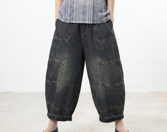 Harembyxor i lapptäcke, jeans i vintagestil med lös passform, bekväma, beskurna byxor med resår i midjan, överdimensionerade, baggy streetwear-byxor