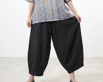 Pantalones harem de lino extragrandes, pantalones cortos de verano, pantalones boho casuales de corte holgado, pantalones de yoga cómodos con cintura elástica, ropa urbana transpirable