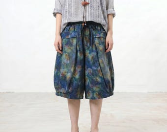 Printed Denim Bermuda Shorts, Oversized Elastic Waist Culottes, Loose Fit Mid-Length Jeans, Comfy Casual Wide Leg Summer Shorts