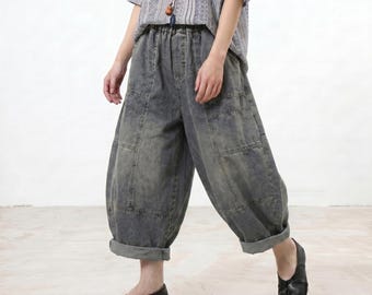 Pantaloni da casa oversize con elastico in vita, pantaloni oversize lavati con patchwork, jeans casual a vestibilità ampia, comodi pantaloni streetwear a gamba larga, stile boho