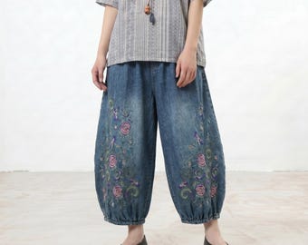 Pantalones harem bordados extragrandes, pantalones farol de mezclilla pesada, jeans casuales bohemios extragrandes, pantalones holgados florales únicos, cintura elástica