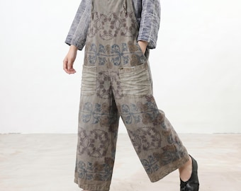 Oversize Floral Denim Overalls, Distressed Wide Leg Jumpsuit, Boho Mori Girl Dungarees, Vintage Wash Casual Summer Suspender Pants