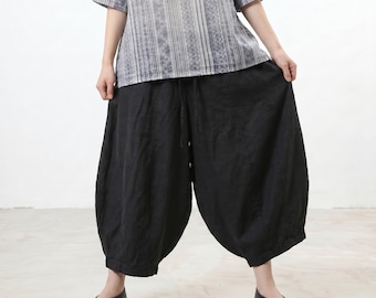 Pantaloni harem oversize in lino, pantaloni estivi cropped, pantaloni boho casual dalla vestibilità ampia, comodi pantaloni yoga con elastico in vita, abbigliamento streetwear traspirante