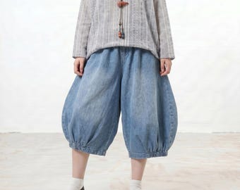 Cropped Lantern Pants, Oversized Wide Leg Trousers, Pleated Hem Casual Culottes, Comfy Loose Fit High Waisted Mori Style Pants