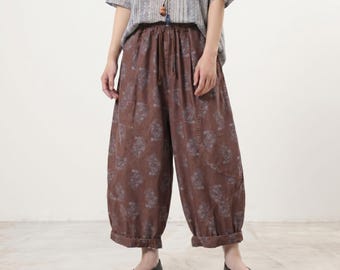 Oversized Floral Cotton Denim Lantern Pants, Boho Elastic Waist Trousers
